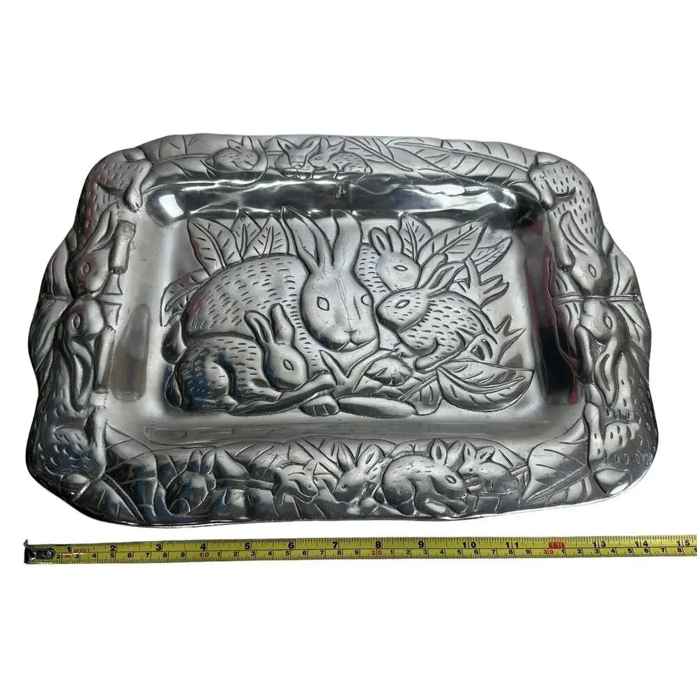 Bunny Rabbit Easter Holiday Bunnies Serving Tray Cast Aluminum 14” X 11” Vintage